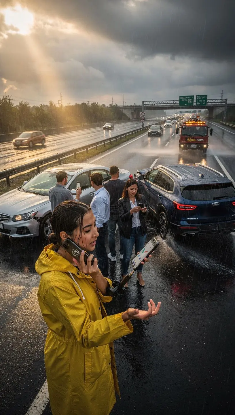 Młody kierowca z uśmiechem sprawdzający polisę ubezpieczeniową na swoim telefonie.