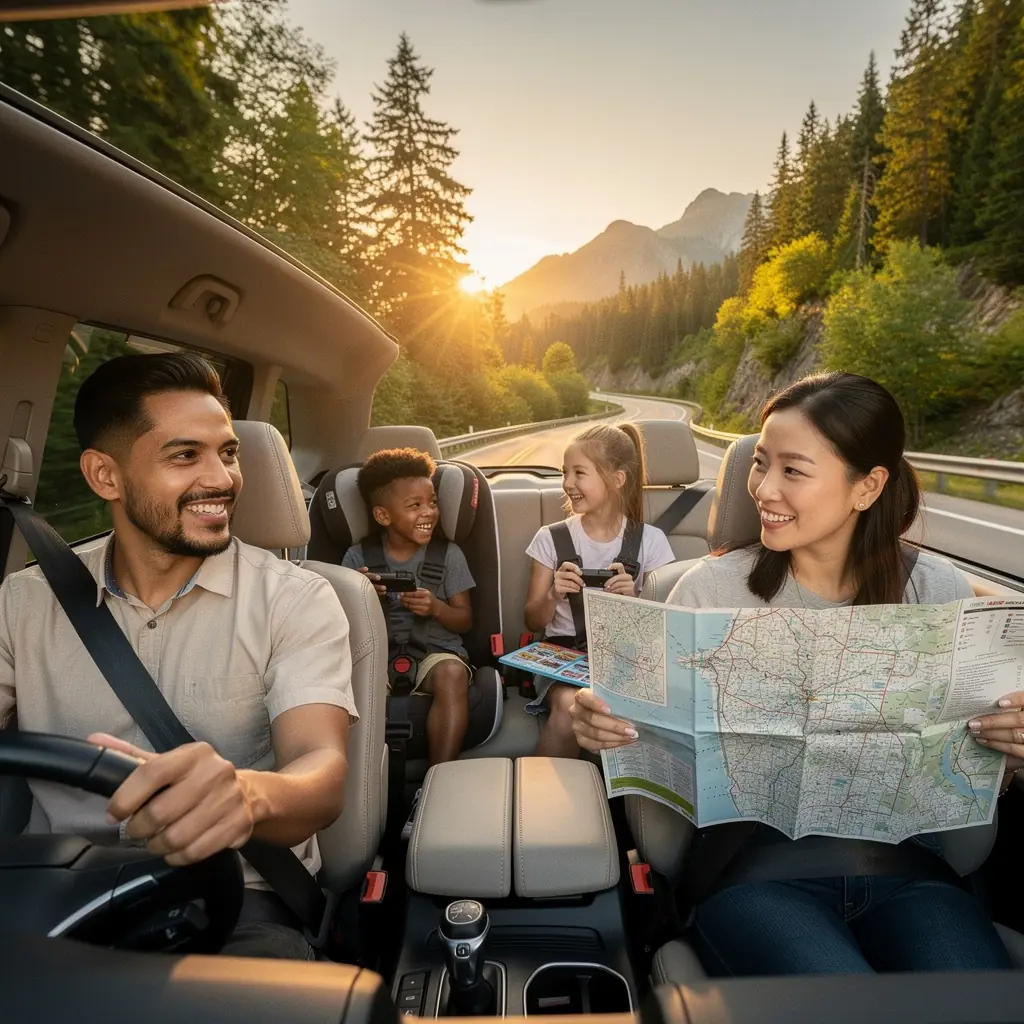 Grafika ilustrująca doświadczonego kierowcę, który sprawdza swoje ubezpieczenie przed wyruszeniem w trasę.