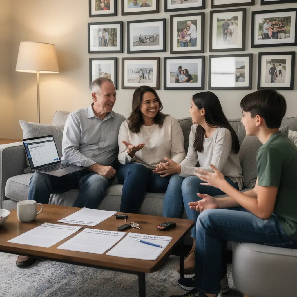 Kobieta z grupą przyjaciół, wszyscy zapinają pasy w samochodzie, promując bezpieczeństwo na drodze.