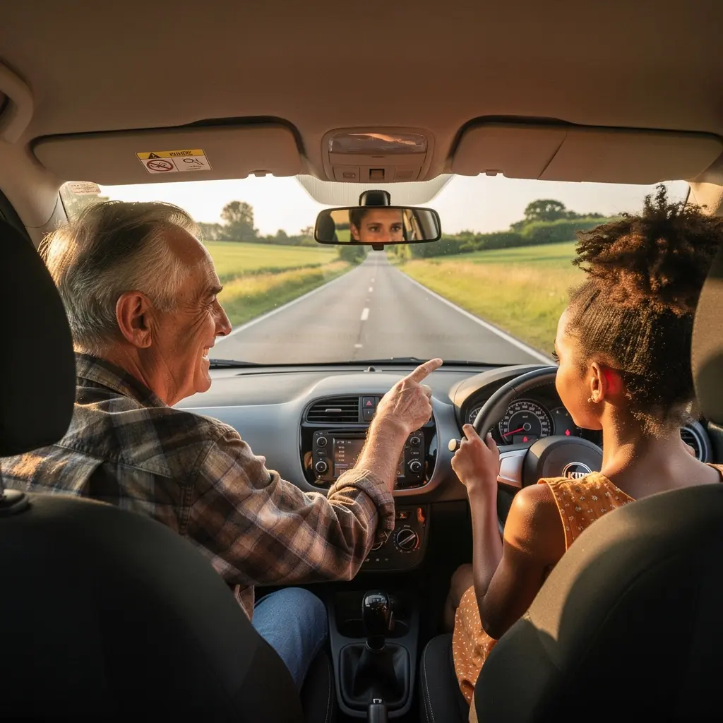 Kobieta prowadząca samochód, ciesząca się spokojem dzięki polisie ubezpieczeniowej.